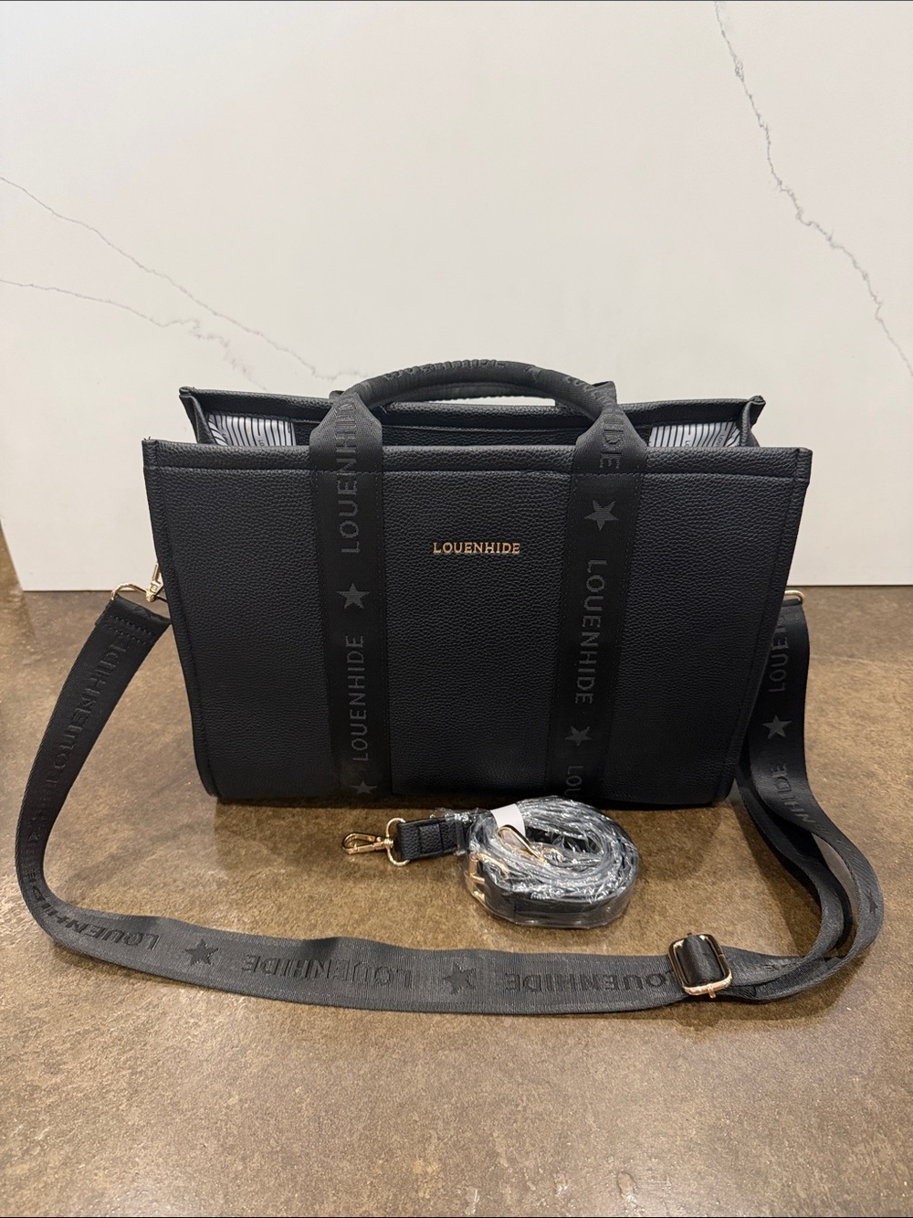 Louenhide Manhattan Black Pebbled Leather Tote Bag with Detachable Straps